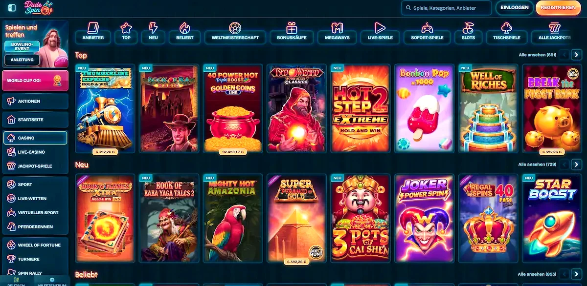Herní lobby Dudespin Casino s výherními automaty a jackpoty