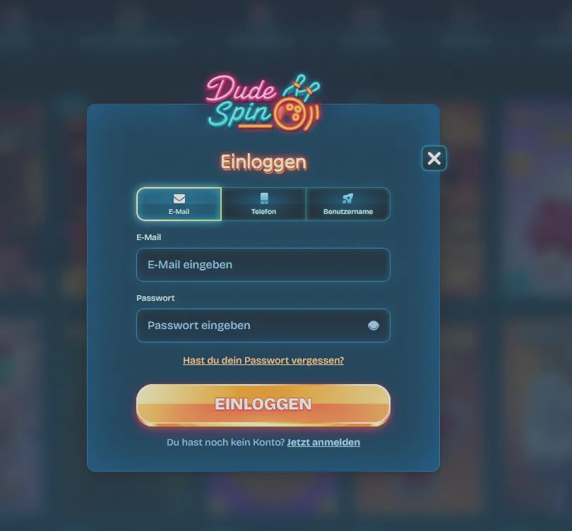 Přihlašovací stránka Dudespin Casino s formulářem pro e-mail a heslo